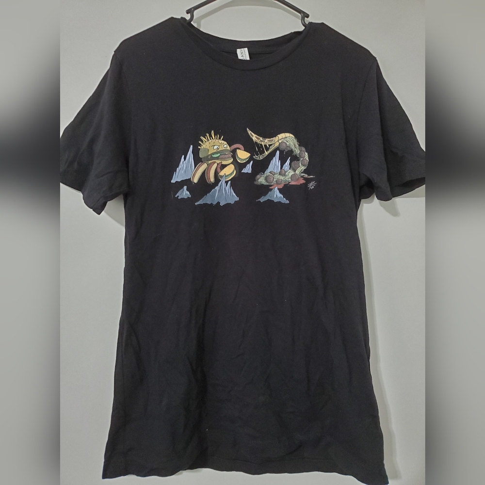 Food Fight Novelty T-Shirt Graphic Tee Burger Taco Pizza Mens Large Shirt